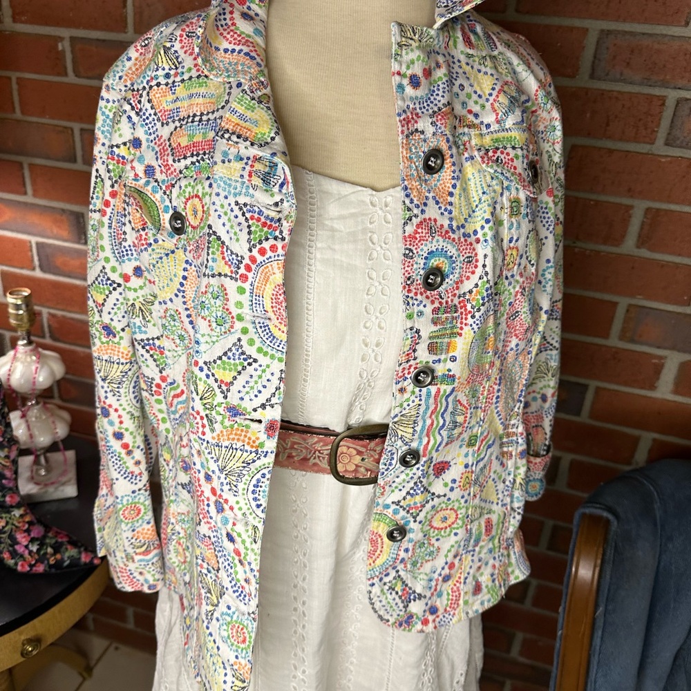 Ruby Rd Red and Pink Jean Jacket with Vibrant Pattern - Picture 3 of 4